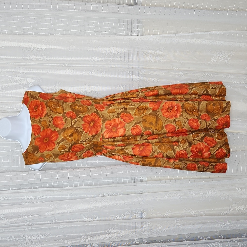 Vintage Orange Abstract Floral Midcentury Sleeveless Fit and Flair Dress Sz9